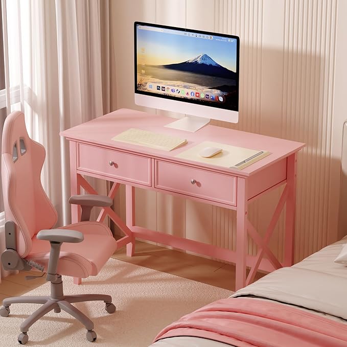 Writing Computer Desk with Drawers, Cute Modern Table for Bedrooms, Pink Vanity Table Office Desk with Drawers, Home Computer Desk for Girls Living Room Entryway, Pink
