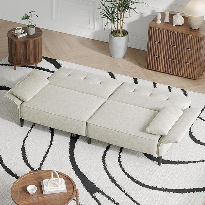 89” Futon Sofa Bed, Comfy Futon Couch Bed with 2 Square Pillows,Convertible Sleeper Sofa with Adjustable Backrest& Armrests, Modern Loveseat Sleeper for Living Room,Velvet Fabric White