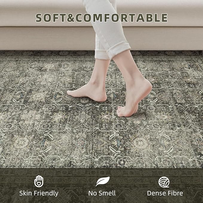 Washable Rugs 8x10 Area Rugs for Living Room- Vintage Rugs for Bedroom,Dining Room,Large Soft Low Pile Retro Carpet with Non Slip Rubber Backing,Neutral Accent Nursery Rug for Home Office Decor
