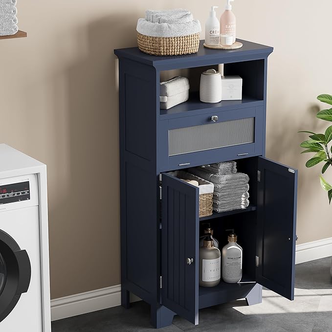 ChooChoo Bathroom Floor Storage Cabinet with Flip Glass Drawer, Freestanding with 2 Doors, Adjustable Shelf & 1 Open Storage for Living Room, Hallway, Navy Blue