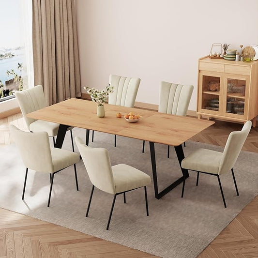 7-Piece Dining Table Set, 51"-67" Extendable Mid-Century Modern Oak Table with 6 Upholstered Chairs, White Fabric Seats, Leather Backrest, Metal Frame, Space-Saving Design for Kitchen & Dining Room