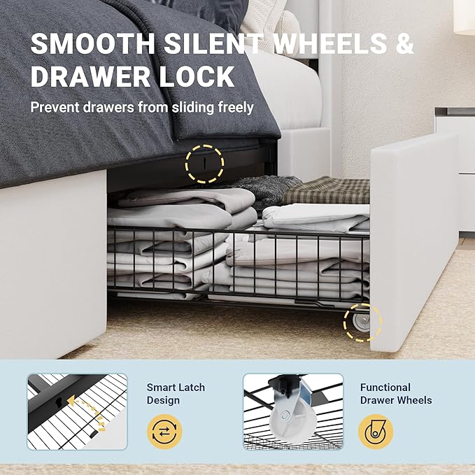 Allewie Queen Size Velvet Bed Frame with 3 Storage Drawers, Upholstered Platform Bed with Wingback Storage Headboard and USB Ports, No Box Spring Needed, Easy Assembly, White