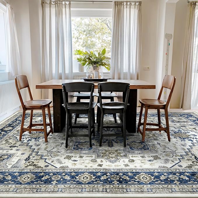 Area Rugs for Living Room 9x12 - Large Machine Washable Vintage Oriental Soft Rug, Low Pile Thin Carpet with Non Slip Backing for Bedroom, Dorm, Under Dining Room Table, Indoor House, Office Decor