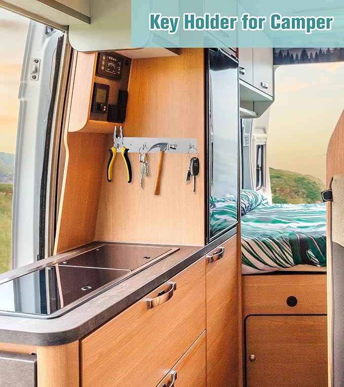 RELBRO Key Holder Wall Mount, Large Metal Self Adhesive Key Rack with 4 Hooks, 2 Installation Options, Silver