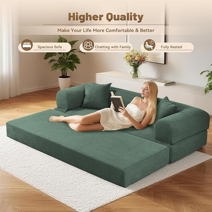 Convertible Folding Sofa Bed,80" Pull Out Couch with Pillows & Storage Pocket,Modular Futon Bed Corduroy Queen Sleeper Sofa in a Box,Compression Boneless Couch for Living Room,Light Green