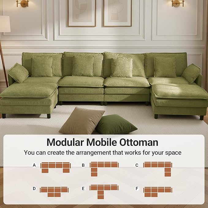 Claiks 148" Modular Sectional Sofa, Cloud Couch with Ottoman, U-Shaped 6-Seater Sofa in Chenille Fabric, Deep Seat Comfy Couch with Pillows for Living Room & Offices, Green
