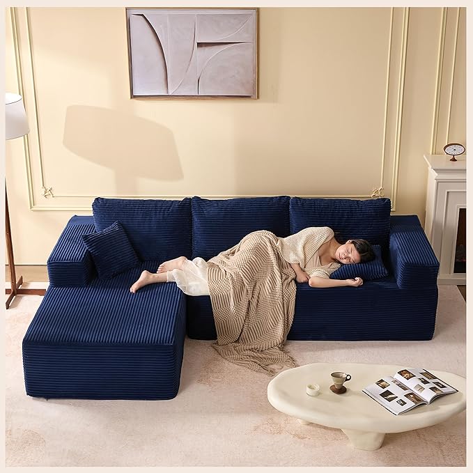 107" Boneless Couch with Deep Seat, Modular Sectional Sofa, Cloud Sectional Couch for Living Room, No Assembly Required, Corduroy, L-Shape Left?Blue
