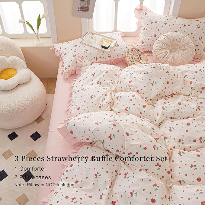 EAVD Kawaii Strawberry Comforter Set Twin XL White Fluffy Microfiber Fruit Strawberry Bedding Set for Girls Women Ruffled Cute Comforter Set 1 Twin XL Bed Comforter and 2 Pillowcases for All-Season