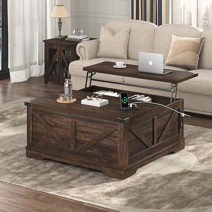 40” Large Farmhouse Lift Top Coffee Table with Power Outlets and Large Hidden Storage, Square Wood Living Room Tables, Multi-Function Lift Wooden Barn Door Center Table, Brown