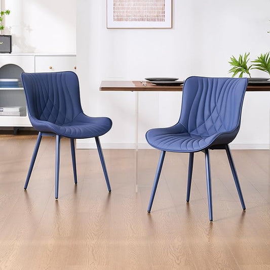 YOUTASTE Navy Blue Dining Chairs Set of 2, Mid Century Modern Comfy Kitchen Chair, Upholstered Faux Leather, Navy Blue Metal Legs, Armless Accent Chairs for Bedroom Vanity Lounge
