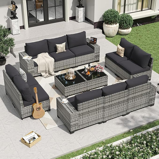 Aoxun 12 Pieces Patio Furniture Set Wicker Rattan Outdoor Sectional Conversation Set with Coffee Table and 4” Thickened Cushions, Gray Black (Waterproof Cover Included)