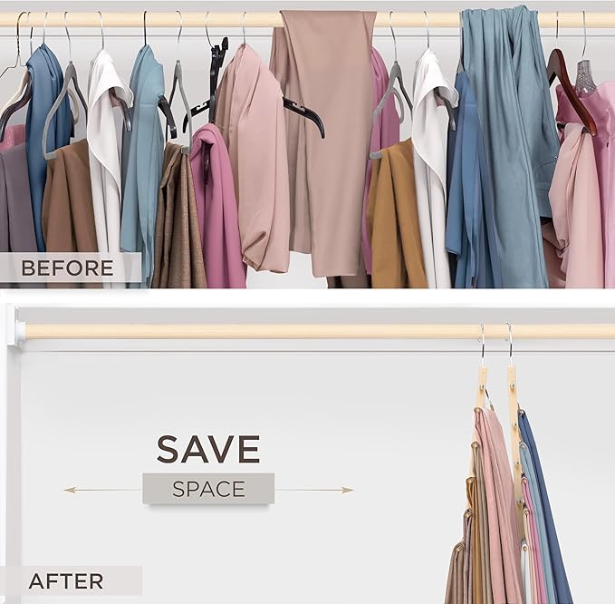 MORALVE Pants Hangers Space Saving - 2 Pack European Beechwood Scarf and Jean Hangers - Closet Organizer and Space Saver Pant Rack, Leggings Hanger, and Scarf Holder with 360° Swivel Hook
