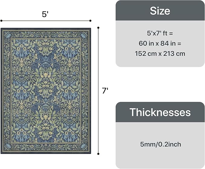 GENIMO 5x7 Washable Area Rug, Non-Slip Vintage Boho Floral Carpet, Soft Low-Pile Thin Bedroom Rug for Living Room, Dining Room, Nursery, Dark Blue