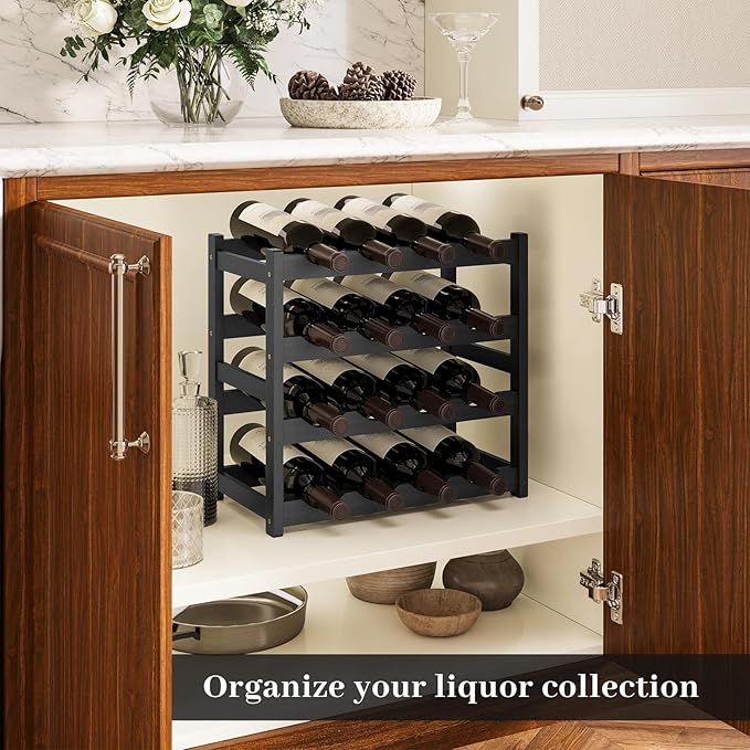 Wine Rack，Bamboo Wine Storage Cabinet Shelf，Countertop Wine Shelf- Freestanding Wine Holder for Kitchen & Pantry (Black, 4-Tier)