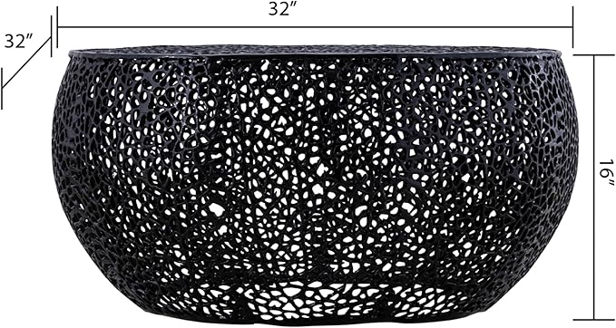 Modern Contemporary Round 32" Coffee Table, Solid Aluminum intrigued Design, Drum Shaped Mesh Cocktail Table, Creative Center Table for Living Room and Bedroom, Casted in Black