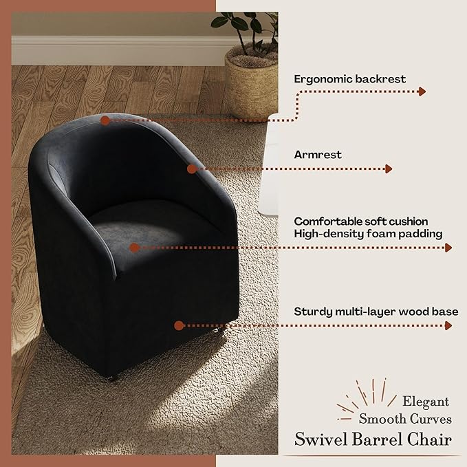 Black Barrel Dining Chairs Swivel on Casters Set of 2, Modern Velvet Upholstered Dining Room Chairs with Arms Back Accent Side Chairs for Bedroom Living Room Kitchen