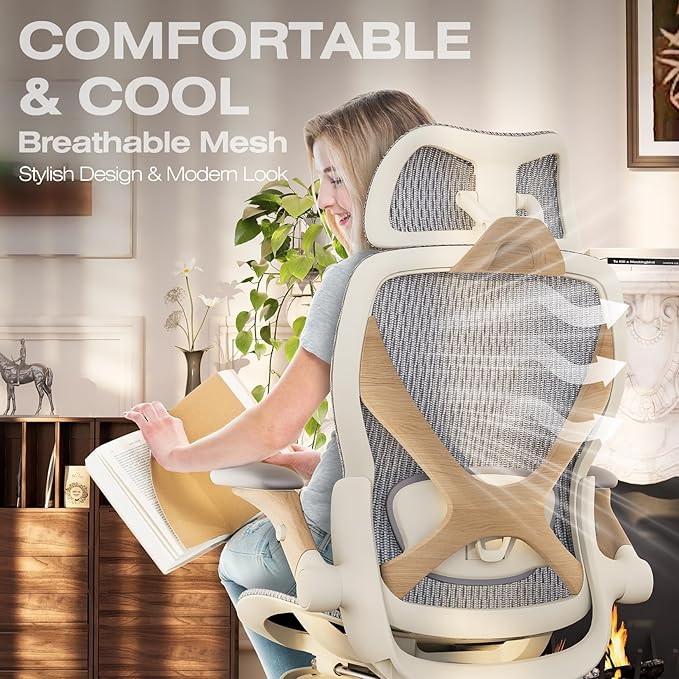ELABEST X100 Ergonomic Office Chair with Footrest, Big and Tall Home Desk Chair with 5D Flip-Up Arms, Adjustable 3D Lumbar Support,High Back Rolling Computer Chair, Swivel Mesh Chairs (Foggy Morning)