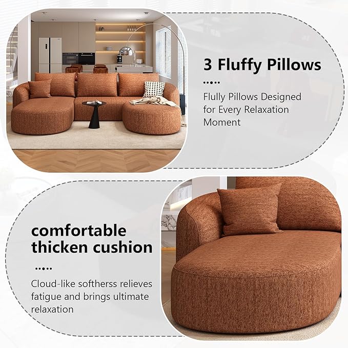 111" Modular Sectional Couches Luxury Modern Curved Back U-Shape Sofa Set with Ottoman,Minimalist Comfy Boneless Cloud Couch for Living Room Apartment,(Left Facing Chaise,Orange)