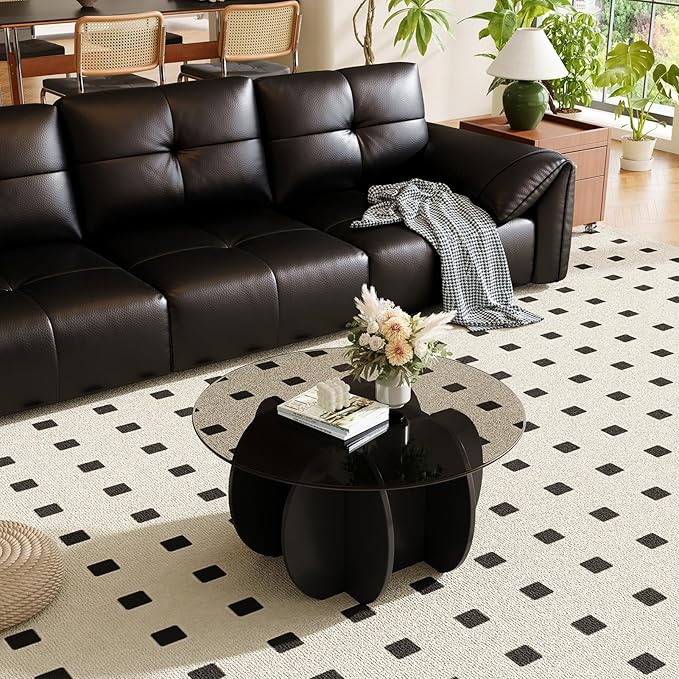Coffee Table for Living Room Mid Century Modern Round Center Table with Glass Top, Black
