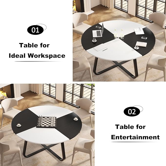 LVB Round Dining Table, Modern Wood Metal Kitchen Table, Industrial Small Dinner Room Table for 4 to 6 People, White and Black Oak, 42 Inch