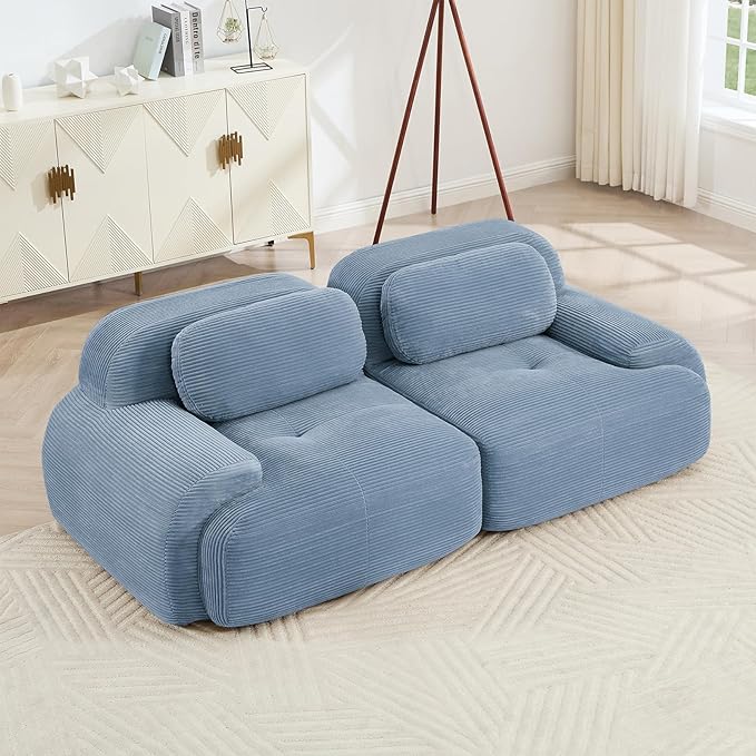 80" Modern Compressed Boneless Love Seat Couches, 2 Seater Large Sectional Couches for Living Room, Blue Corduroy Cloud Modular Sectional Sofa, Memory Foam, Extra Deep Loveseat, No Assembly