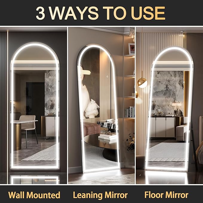 Hasipu 71" x 24" Led Mirror Full Length, Arch Mirror Full Length with Lights, Floor Full Body Glass with Stand,Tempered Glass,Shatter-Proof, Dimming & 3 Color for Bedroom Cloakroom-UL