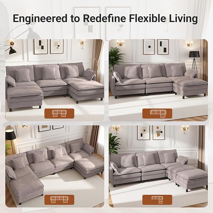 Claiks 110" Modular Sectional Sofa, Cloud Couch with Ottoman, L-Shaped 4-Seater Sofa in Chenille Fabric, Deep Seat Comfy Couch with Pillows for Living Room & Offices, Light Gray