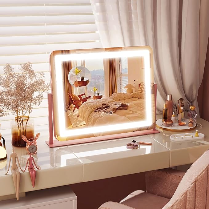 FENNIO Vanity Mirror with Lights 22''x17'' Makeup Mirror,Vanity Mirror Touch Screen with 3-Color Lighting,Dimmable,for Vanity Desk Tabletop（Pink）