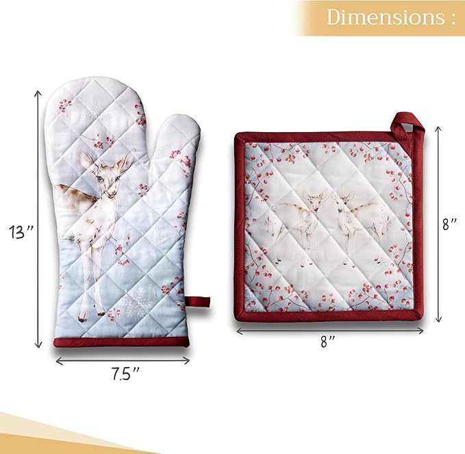 Maison d' Hermine 100% Cotton Oven Mitt & Pot Holder Set (7.5"x13" & 8"x8") Heat Resistant BBQ Cooking Gloves with Loop for Thanksgiving Christmas Decorations Handling Hot Pans (Fairy Tale Forest)
