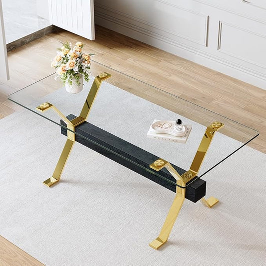 Glass Dining Table 71"｜Modern Dining Table for 6-8｜0.4" Thick Tempered Glass Top｜Chrome Gold Metal Legs｜Black Crossbar｜Easy Assembly｜Perfect for Dining Room or Kitchen