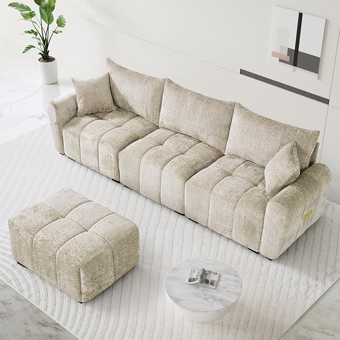 110" L Shaped Modern Boucle Sofa Modular Sectional Cloud Couch with Ottoman, Tufted 4-Seat Deep Seat Sofa with Pillows for Living Room, Bedroom and Apartment, Light Brown