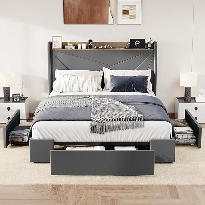 Allewie Full Size Velvet Bed Frame with 3 Storage Drawers, Upholstered Platform Bed with Wingback Storage Headboard and USB Ports, No Box Spring Needed, Easy Assembly, Grey