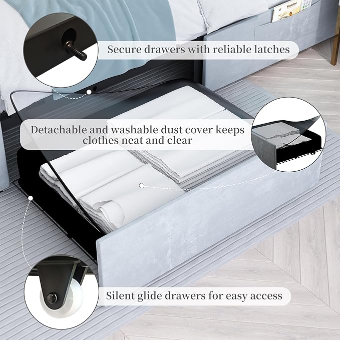 Full Led Bed Frame with 2 Drawers, Platform Bed Frame Full Size with Storage and Adjustable Upholstered Button Tufted Headboard, Noise-Free, Solid & Stable, No Box Spring Needed, Velvet Grey