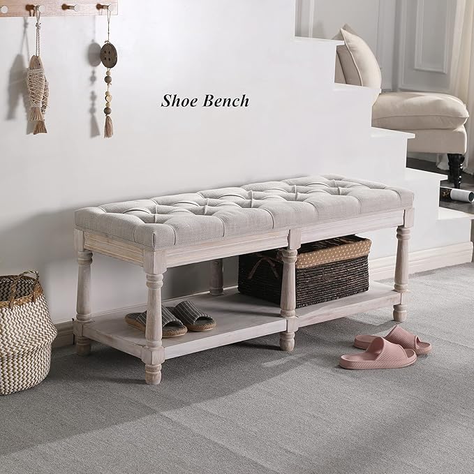 Mid Century Tufted Storage Bench with Shelf, Linen Upholstered Farmhouse Entryway Shoe Bench Ottoman Bed End Stool with Padded Seat, Rustic Bench for Bedroom Living Room Dining Room, Beige