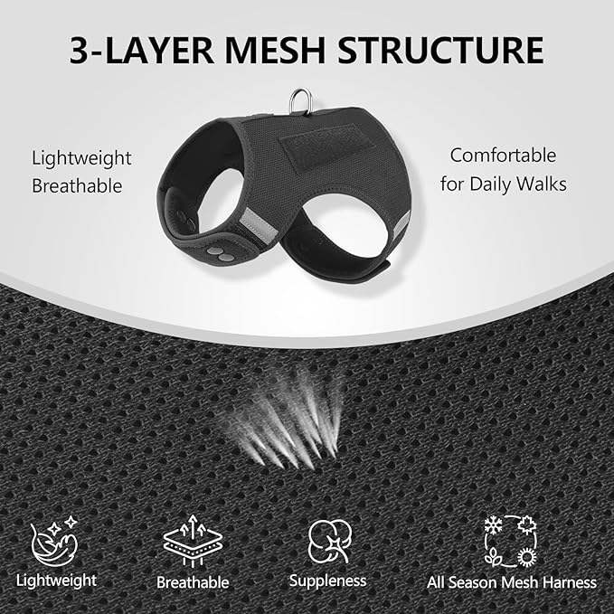 Dog Harness for Puppy – Adjustable Reflective Easy Put On Soft Mesh Vest for Small Dogs with 2 Patches (Black,XXS)