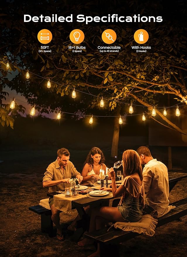 Brightown Outdoor String Lights, 50FT 18+1 LED ST38 LED Patio Lights Shatterproof, Dimmable IP65 Waterproof Connectable Hanging Outdoor Light for Backyard, Porch, Deck, Balcony