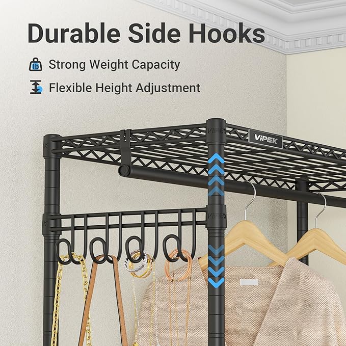 VIPEK R3 Heavy Duty Garment Rack with Lockable Wheels, Portable Rolling Closet with Adjustable Shelves & Hanging Rod & Side Hooks, Compact Space-Saving Storage for Small Apartments/Dorms (Black)