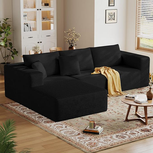 108'' Modular Sectional L-Shaped with Chair,Deep Seat Boneless Corner Couch for Living Room,Plush Corduroy Couch with Detachable Sofa Set,No Assembly(Left Facing Chaise，Black)