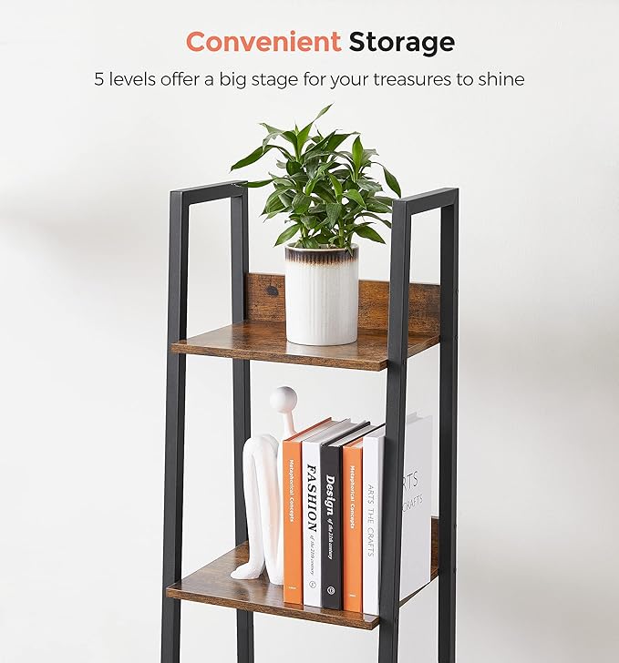 VASAGLE Bookshelf, 5-Tier Narrow Book Shelf, 11.8 x 13.3 x 66.9 Inches, Ladder Shelf for Home Office, Living Room, Bedroom, Kitchen, Rustic Brown and Ink Black ULLS109B01
