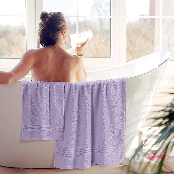 BOUTIQUO 6 Pack Cotton Towel Set, Contains 2 Bath Towels 28x55 inch, 2 Hand Towels 16x24 inch & 2 Wash Coths 12x12 inch, Ideal Everyday use, Ultra Soft Compact & Lightweight - Purple