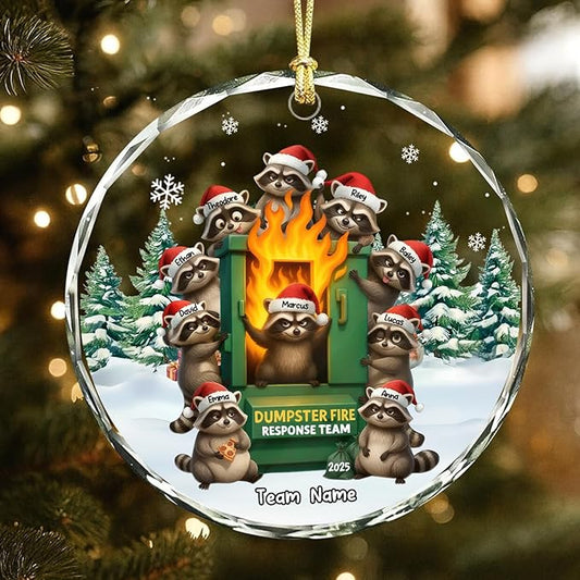 NAZENTI Personalized Funny Raccoon Chaos Response Ornament, Custom Flaming Bin Holiday Decoration, Coworker Christmas Glass Hanging Gift