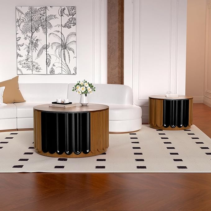 Round Nesting Coffee Table Set of 2, Round Fluted Coffee Tables with Storage for Living Room Modern Nesting End Side Tables for Small Spaces (A Storage Light Brown)