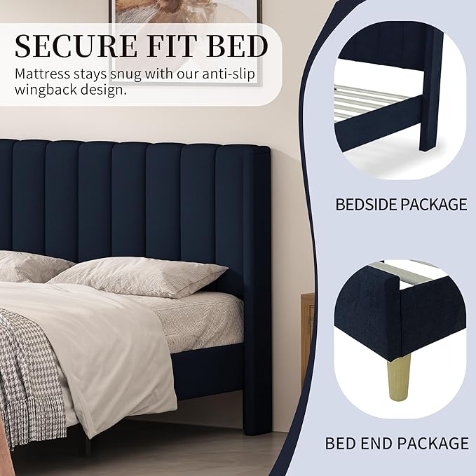 King Size Upholstered Platform Bed Frame with Modern Wingback & Vertical Panel Headboard, Linen Fabric, Wooden Legs & Slats Support, No Box Spring Needed, Noise-Free & Easy Assembly, Dark Blue