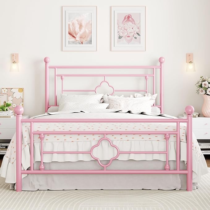 SHA CERLIN 14 Inches Queen Size Metal Platform Bed Frame/Vintage Iron-Art Headboard and Footboard/Mattress Foundation for Storage/No Box Spring Needed/Noise-Free/Easy Assembly/Pink