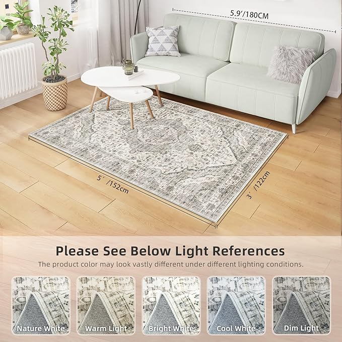 Deerly Area Rug 3x5 Rugs with Non-Slip Backing, Washable 3x5 Rugs for Bedroom Living Room Kitchen Hallway, Distressed Carpet Printed Low-Pile Soft Dorm Rug (Border Cream)