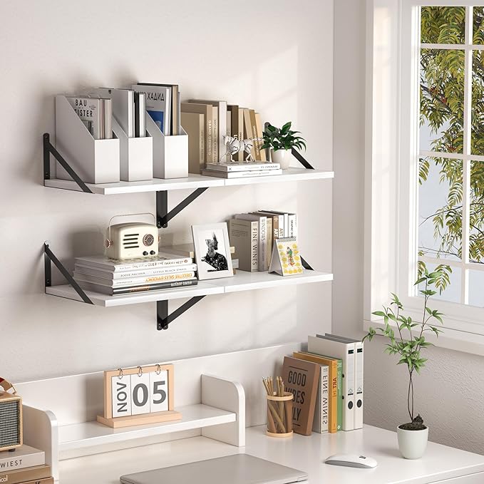 Heimlove White Deep Floating Shelves for Wall, 16W x 12D Wood Wall Shelves Set of 2, Wide Floating Bookshelf for Living Room, Kitchen, Office, Bedroom and Decor Storage, with Black Bracket - White