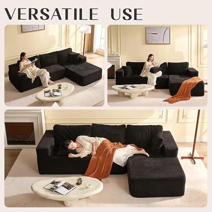 107" Boneless Couch with Deep Seat, Modular Sectional Sofa, Cloud Sectional Couch for Living Room, No Assembly Required, Corduroy, L-Shape Right?Black