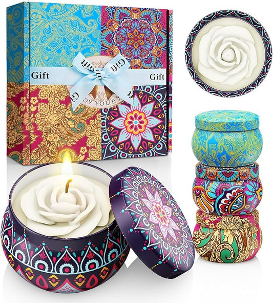WINTERCRUSH Scented Candles Gift Set: 4 Pack Flower Shaped Christmas Candles for Home Scented - Stress Relief Gifts for Women, Birthday, Mother's Day (Flower)