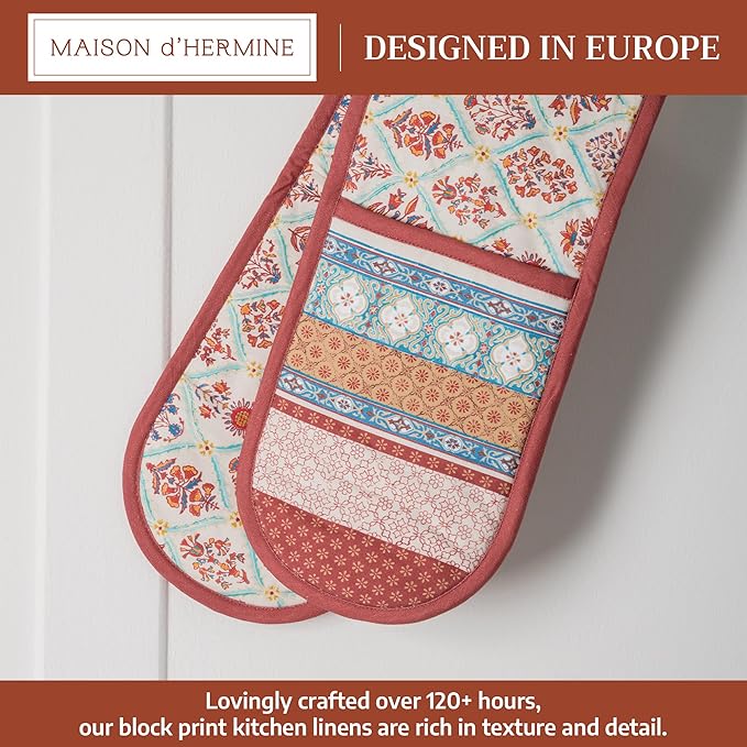 Maison d' Hermine Double Oven Mitt (7" x 35") 100% Cotton Heat Resistant BBQ Cooking Gloves with Loop for Thanksgiving Christmas Decorations Baking Cooking Barbeque Handling Hot Pan (Romane)