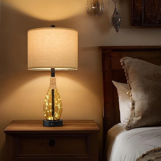 OYEARS 23" Table Lamps for Living Room Set of 2 Bedside Lamps for Night Stands Bedroom Lamps Farmhouse Rattan Boho Lamp Glass Nightlight End Table Lamp,Two Light Points